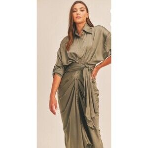 MABLE  GWEN TENCEL BUTTON DOWN SHIRT DRESS Olive Size S